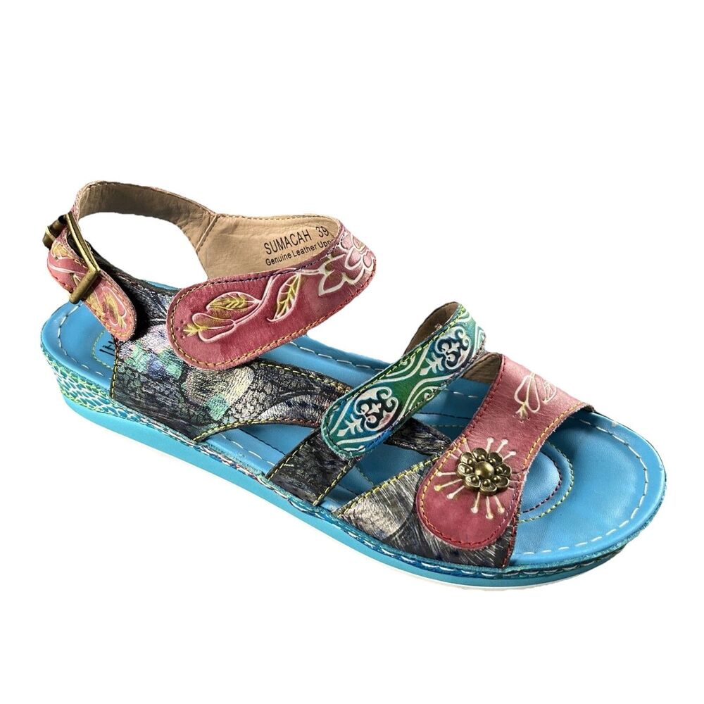 L’ARTISTE Spring Step SUMACAH Aqua Blue Leather Sandals Boho Womens US 8.5 39